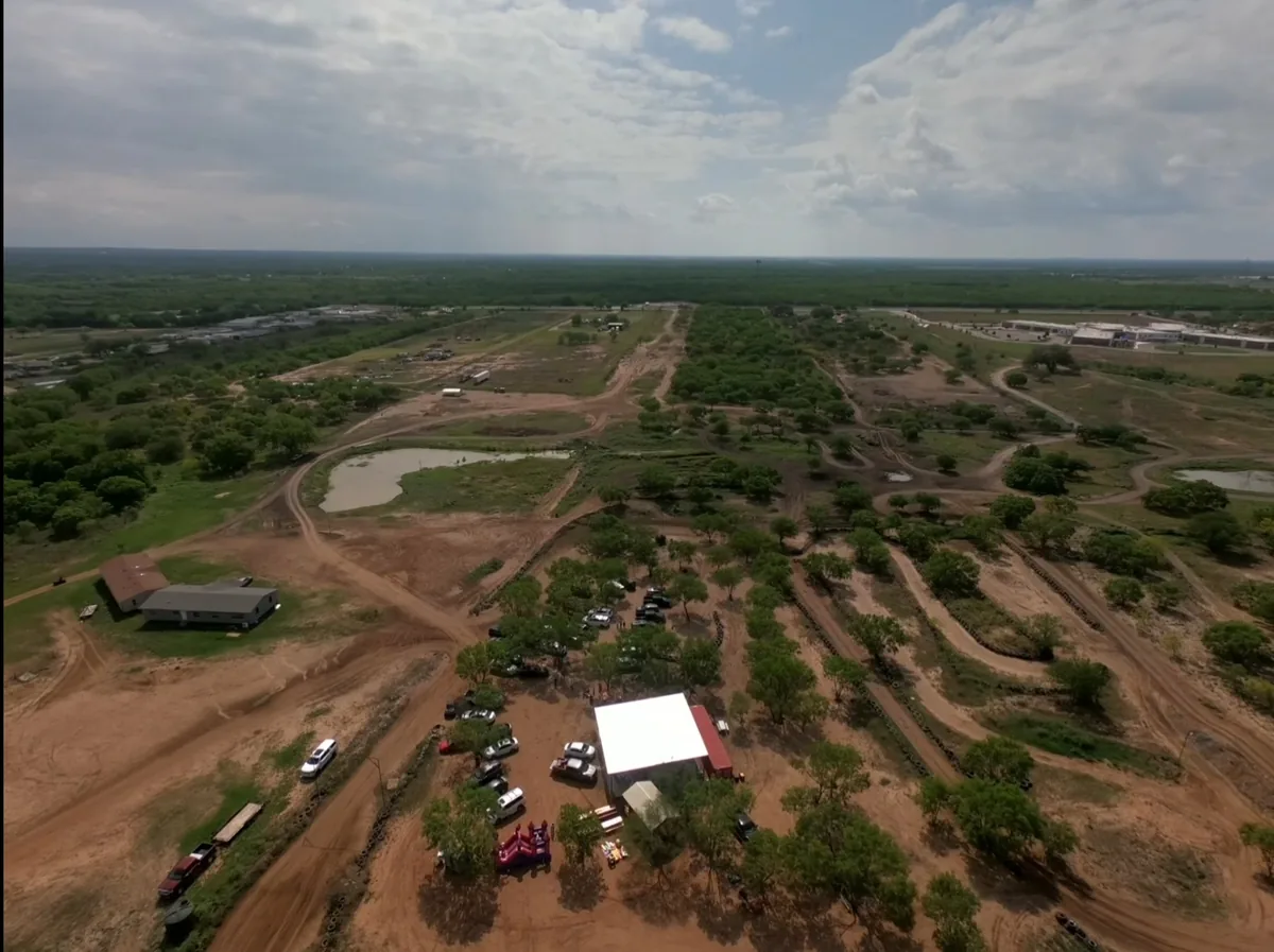 Aerial view of covered pavilion at 281 Country Club UTV park San Antonio