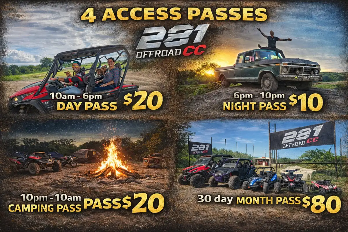 All 4 UTV park access pass types — Day $20, Night $10, Overnight $20, Monthly $80 — 281 Country Club San Antonio TX
